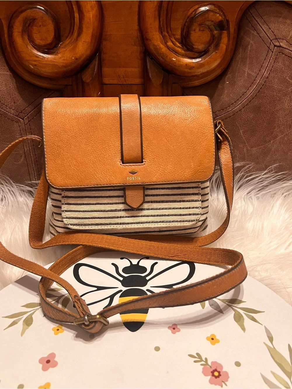 Fossil Tan & Cream Leather  with Striped Canvas Pocket crossbody bag